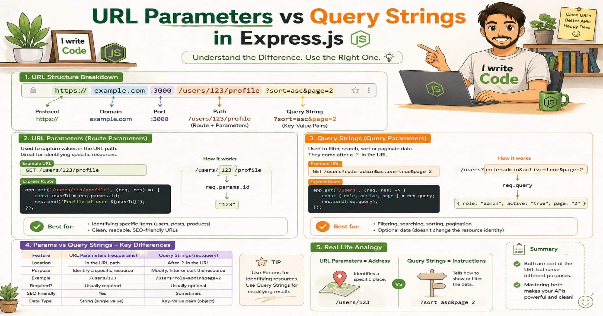 URL Parameters vs Query Strings in Express.js